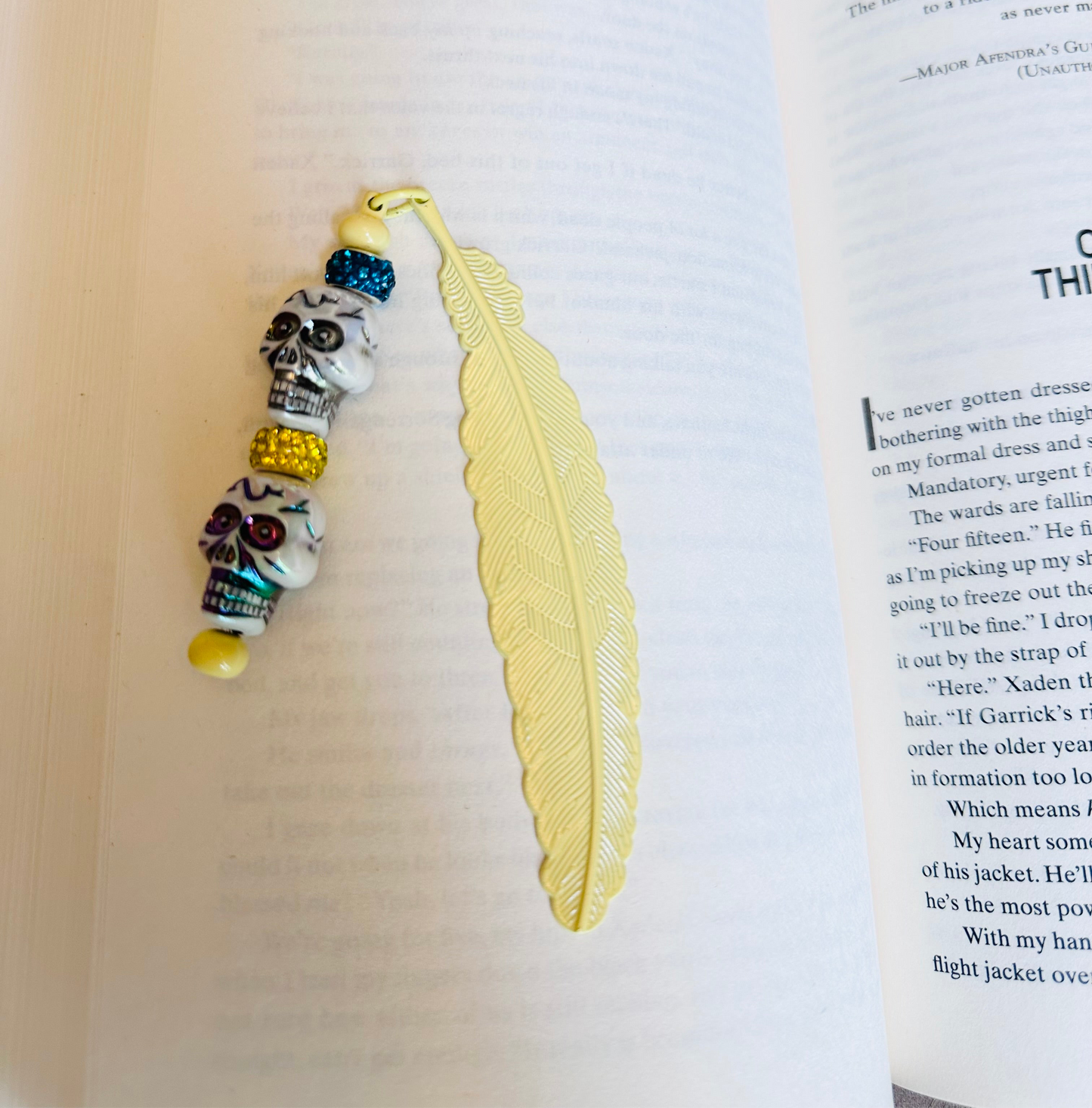 Metal Bookmark Feather with Colorful Skull Beads