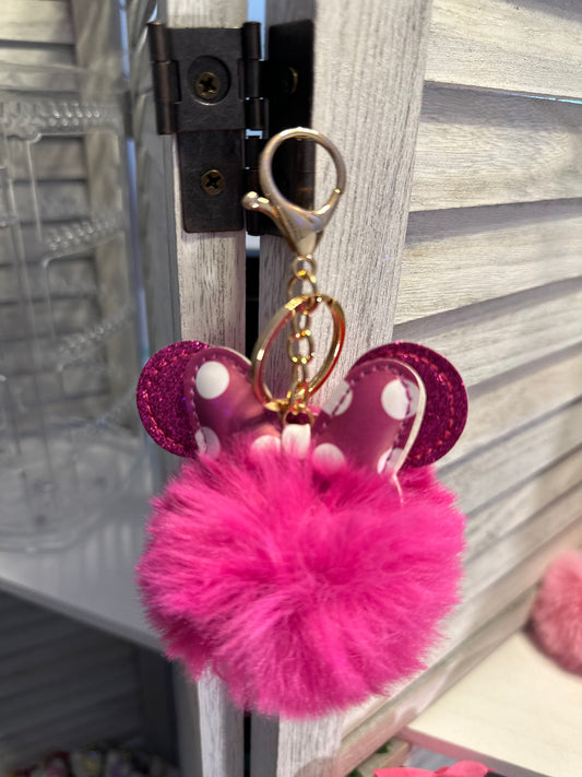 Pom Pom Keychain- Mouse Ears & Polka-dot Bow Fluffy Fur Ball Keyring Charm Handbag Pendant