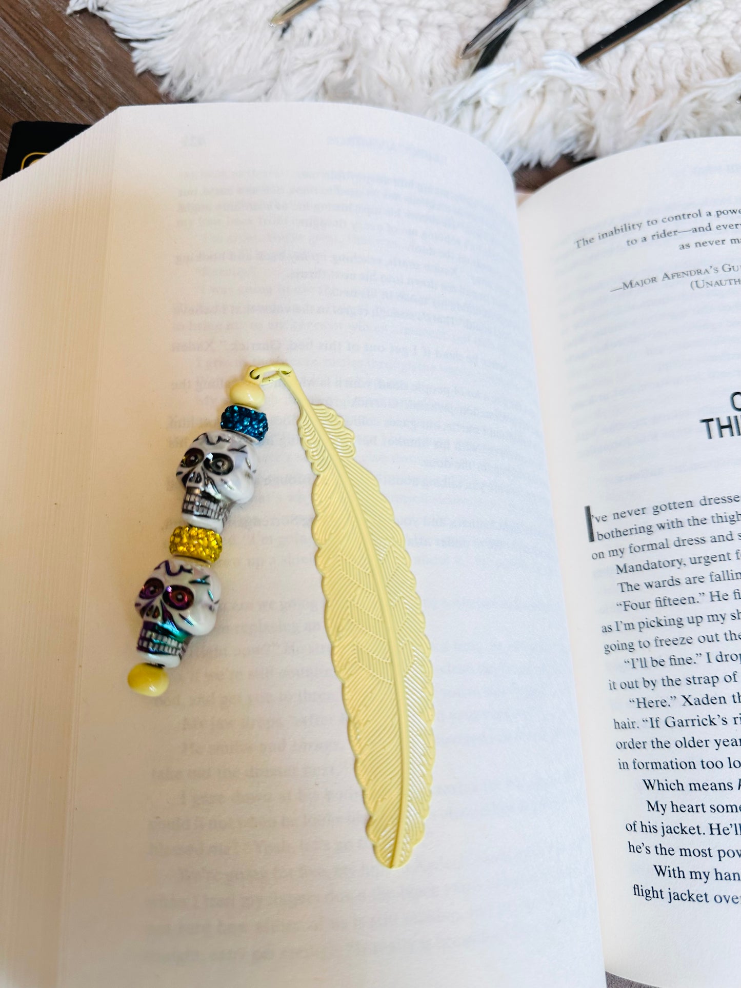 Metal Bookmark Feather with Colorful Skull Beads