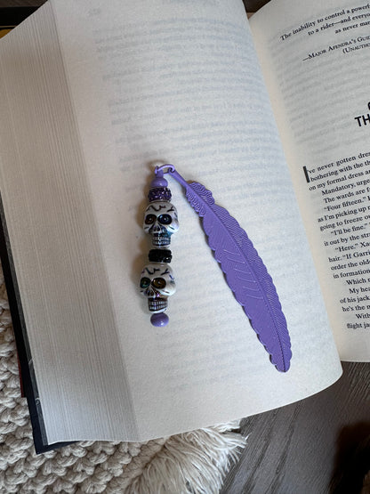 Metal Bookmark Feather with Colorful Skull Beads