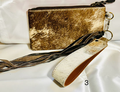 Cowhide Wristlet, Purse Bag, Fringe, Trio I