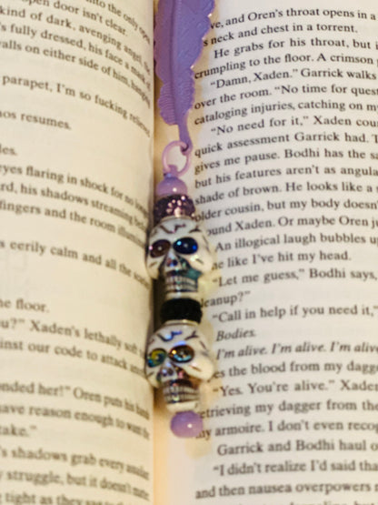 Metal Bookmark Feather with Colorful Skull Beads