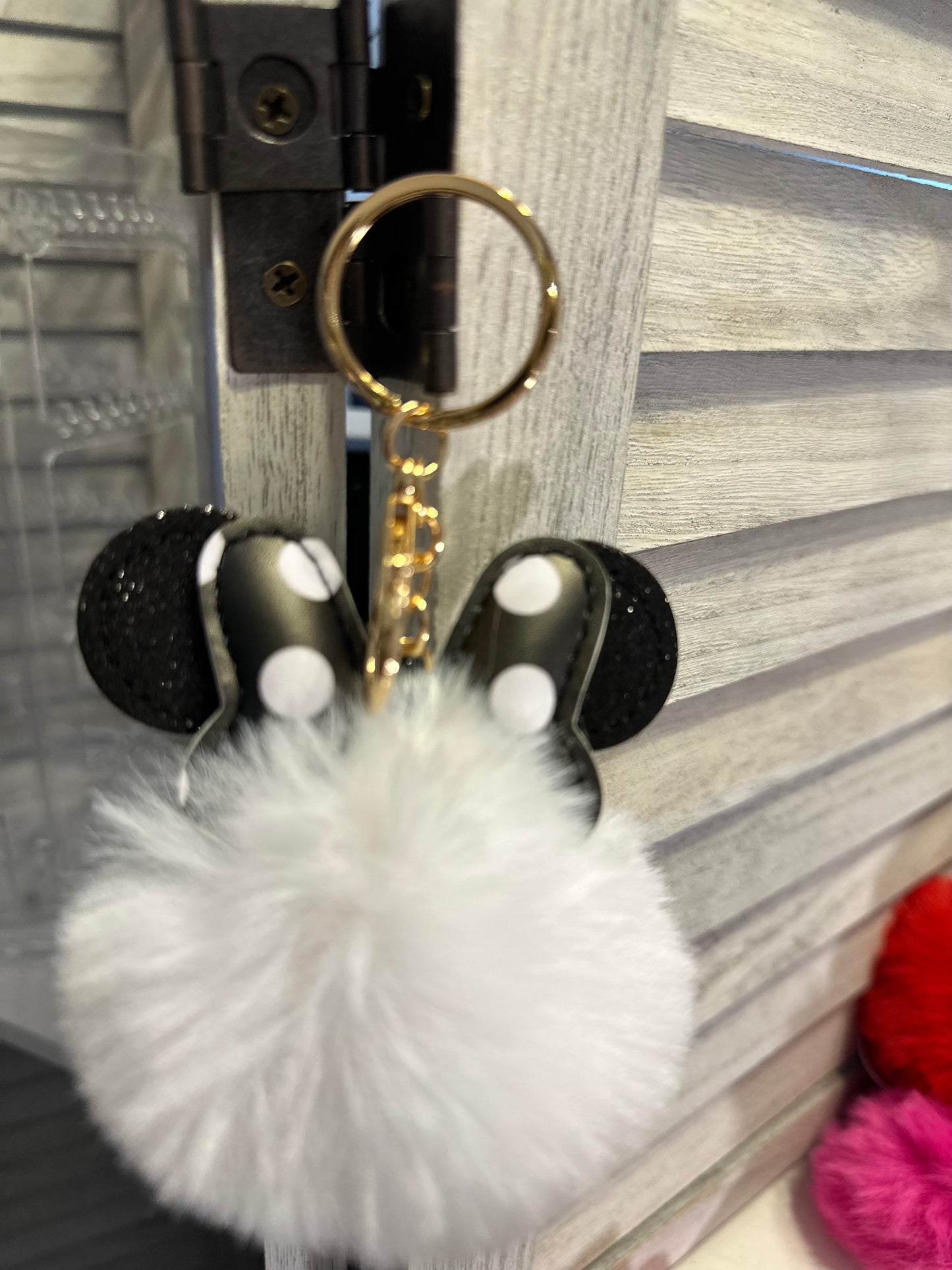 Pom Pom Keychain- Mouse Ears & Polka-dot Bow Fluffy Fur Ball Keyring Charm Handbag Pendant