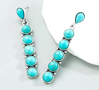 Newest Bohemian Western Vintage Cowgirl Long Turquoise Drop Earrings