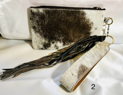 Cowhide Wristlet, Purse Bag, Fringe, Trio I