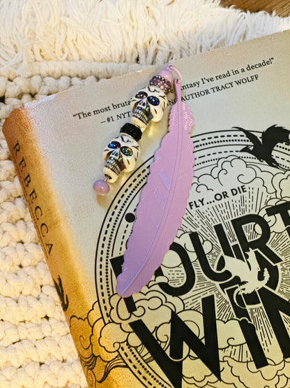 Metal Bookmark Feather with Colorful Skull Beads