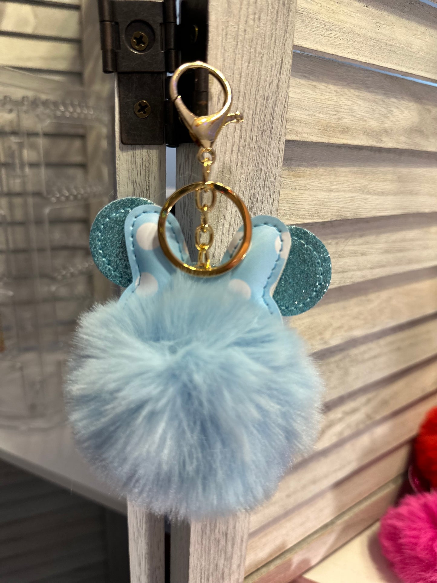 Pom Pom Keychain- Mouse Ears & Polka-dot Bow Fluffy Fur Ball Keyring Charm Handbag Pendant