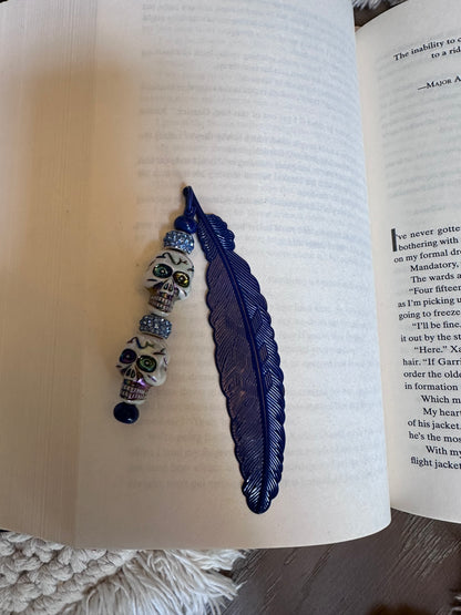 Metal Bookmark Feather with Colorful Skull Beads