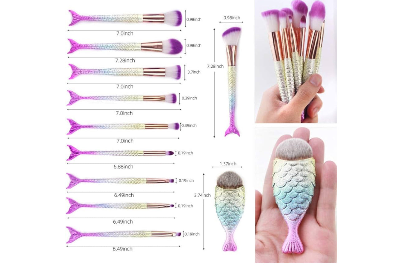 Makeup Brushes 11PCS Make Up Foundation Eyebrow Eyeliner Blush Cosmetic Concealer Brushes(Mermaid Colorful)