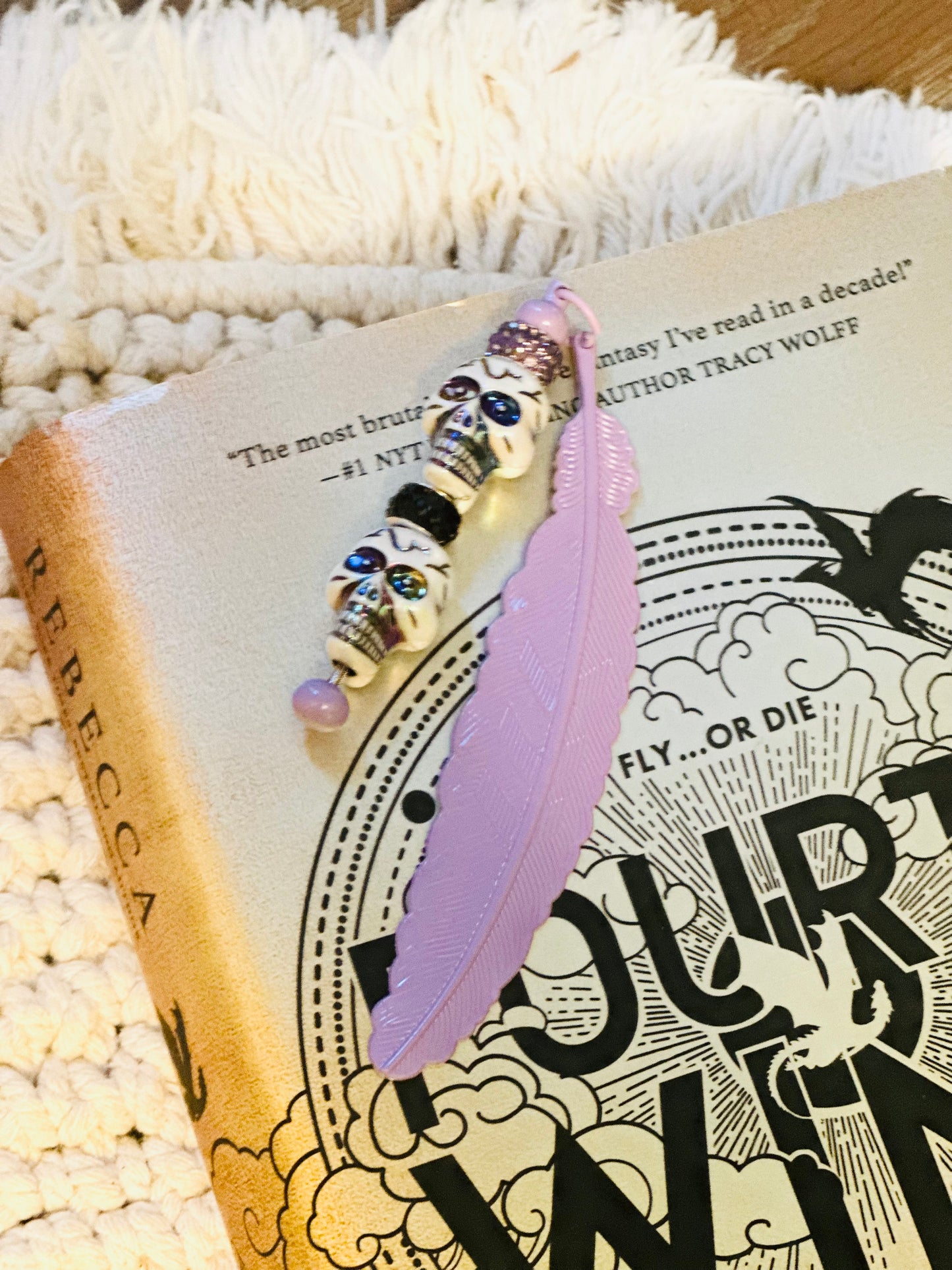 Metal Bookmark Feather with Colorful Skull Beads