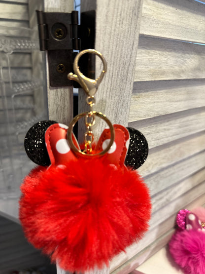 Pom Pom Keychain- Mouse Ears & Polka-dot Bow Fluffy Fur Ball Keyring Charm Handbag Pendant