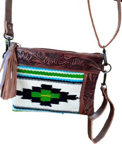 Aztec Saddle Blanket Tooled Leather Cross Body Wristlet -