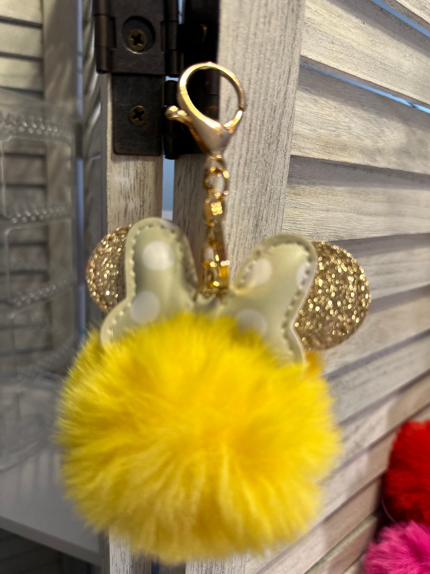 Pom Pom Keychain- Mouse Ears & Polka-dot Bow Fluffy Fur Ball Keyring Charm Handbag Pendant