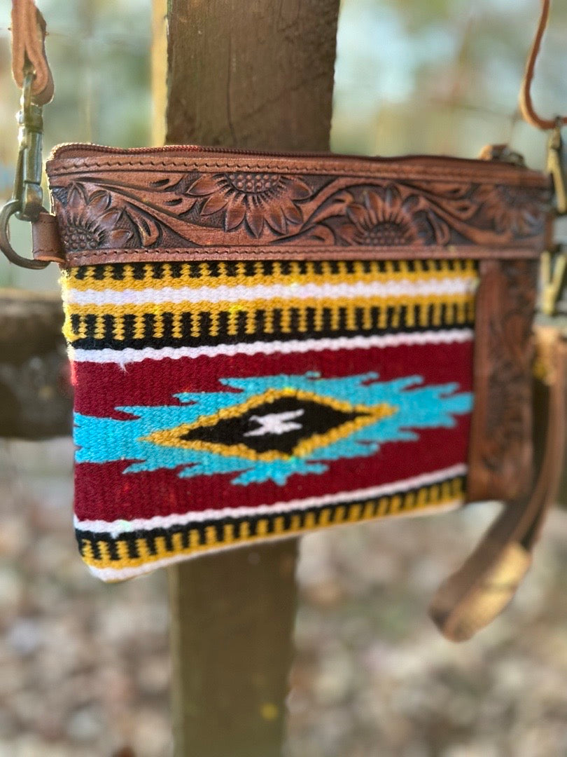 Aztec Saddle Blanket Tooled Leather Cross Body Wristlet -