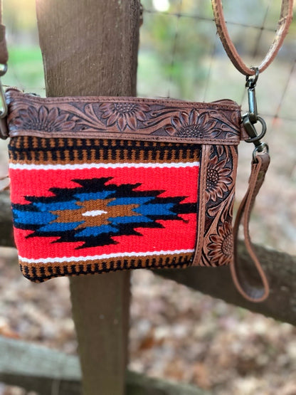 Aztec Saddle Blanket Tooled Leather Cross Body Wristlet -