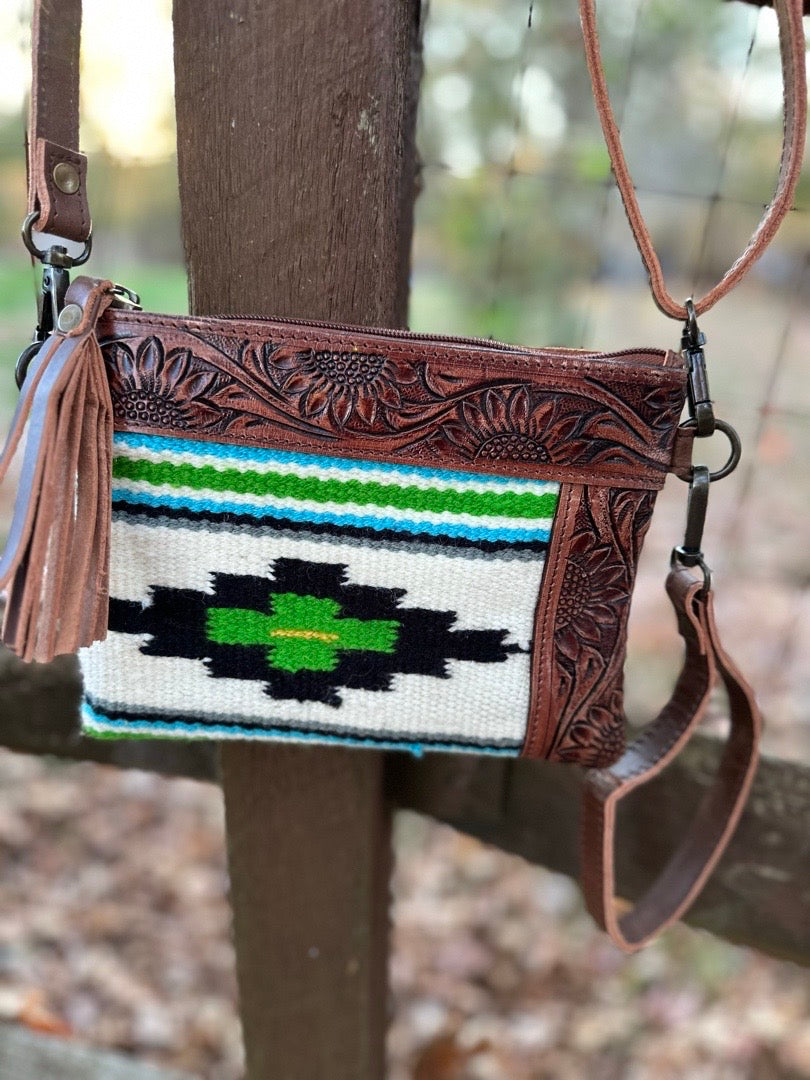 Aztec Saddle Blanket Tooled Leather Cross Body Wristlet -