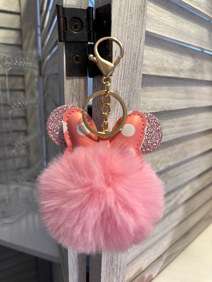 Pom Pom Keychain- Mouse Ears & Polka-dot Bow Fluffy Fur Ball Keyring Charm Handbag Pendant