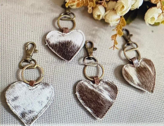 New Arrival Cowhide Leather Keychain Leopard Cow Print Leather Keyrings Stylish Keychains - Heart